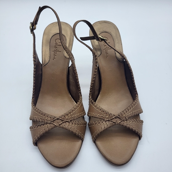Cole Haan Women's Tan Leather With Woven Trim Slingback Heels Sz 8 - Picture 2 of 10